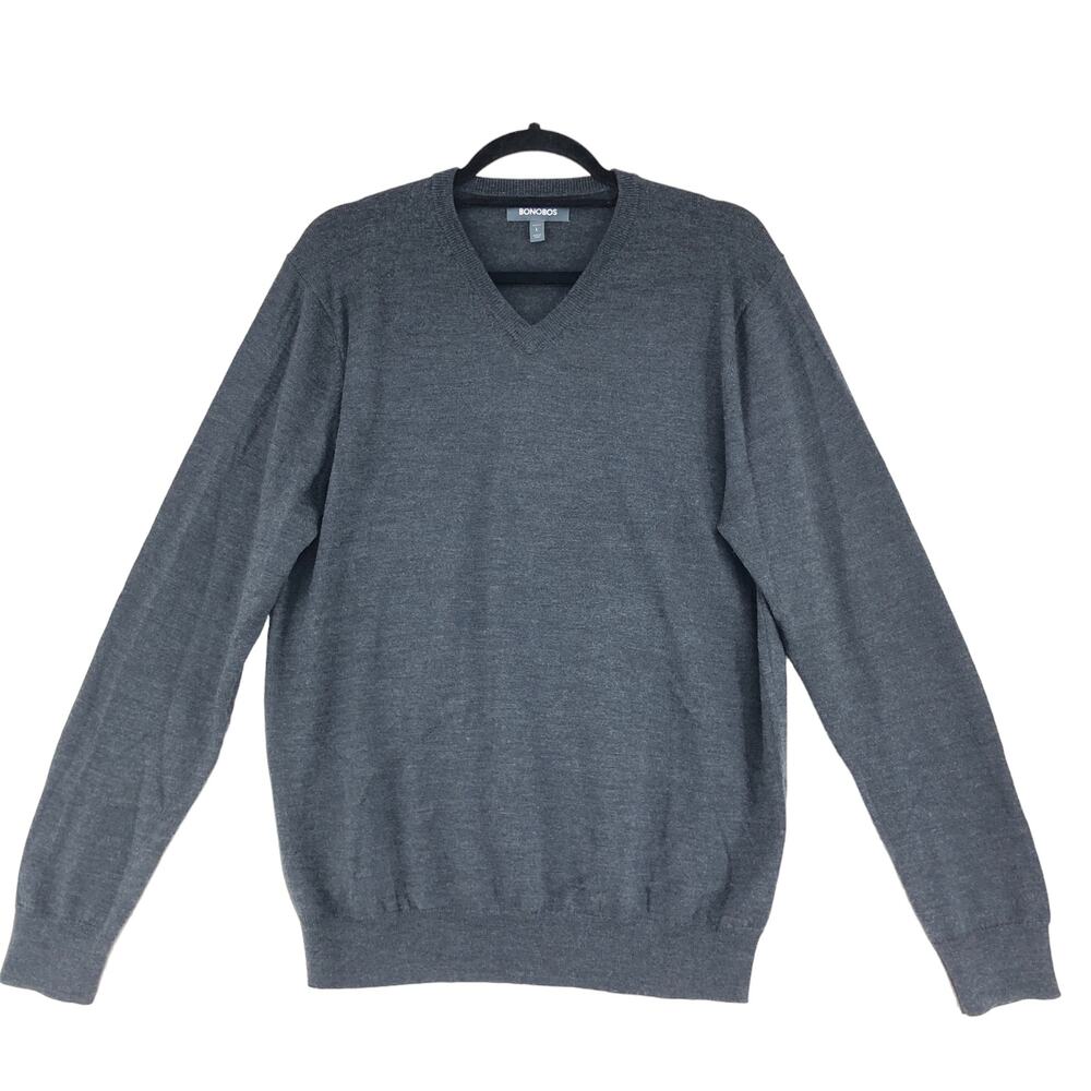 Bonobos Mens Size L V Neck Sweater Jumper Extra Fine Merino Wool Gray Grey